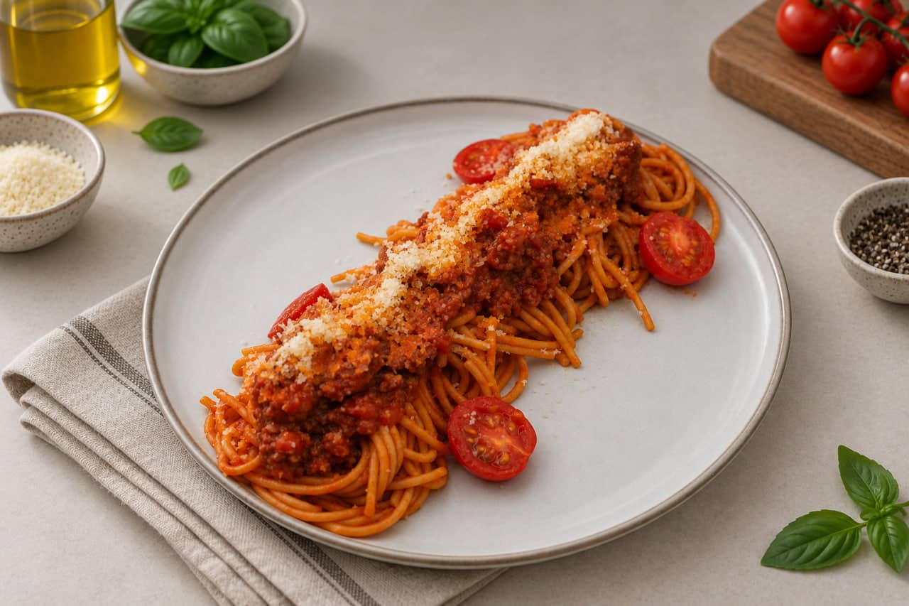 Pasta with tomato sauce and minced meat