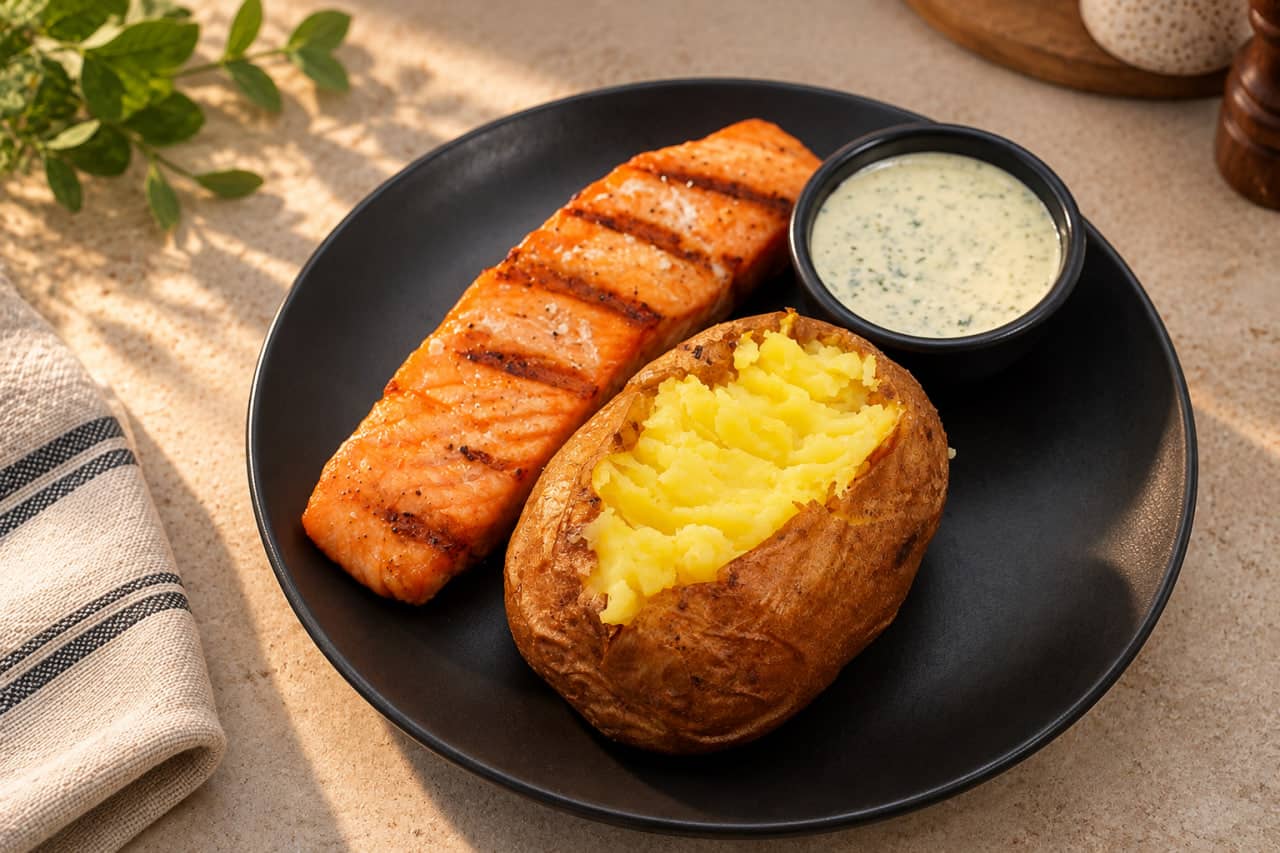 Baked potato with salmon