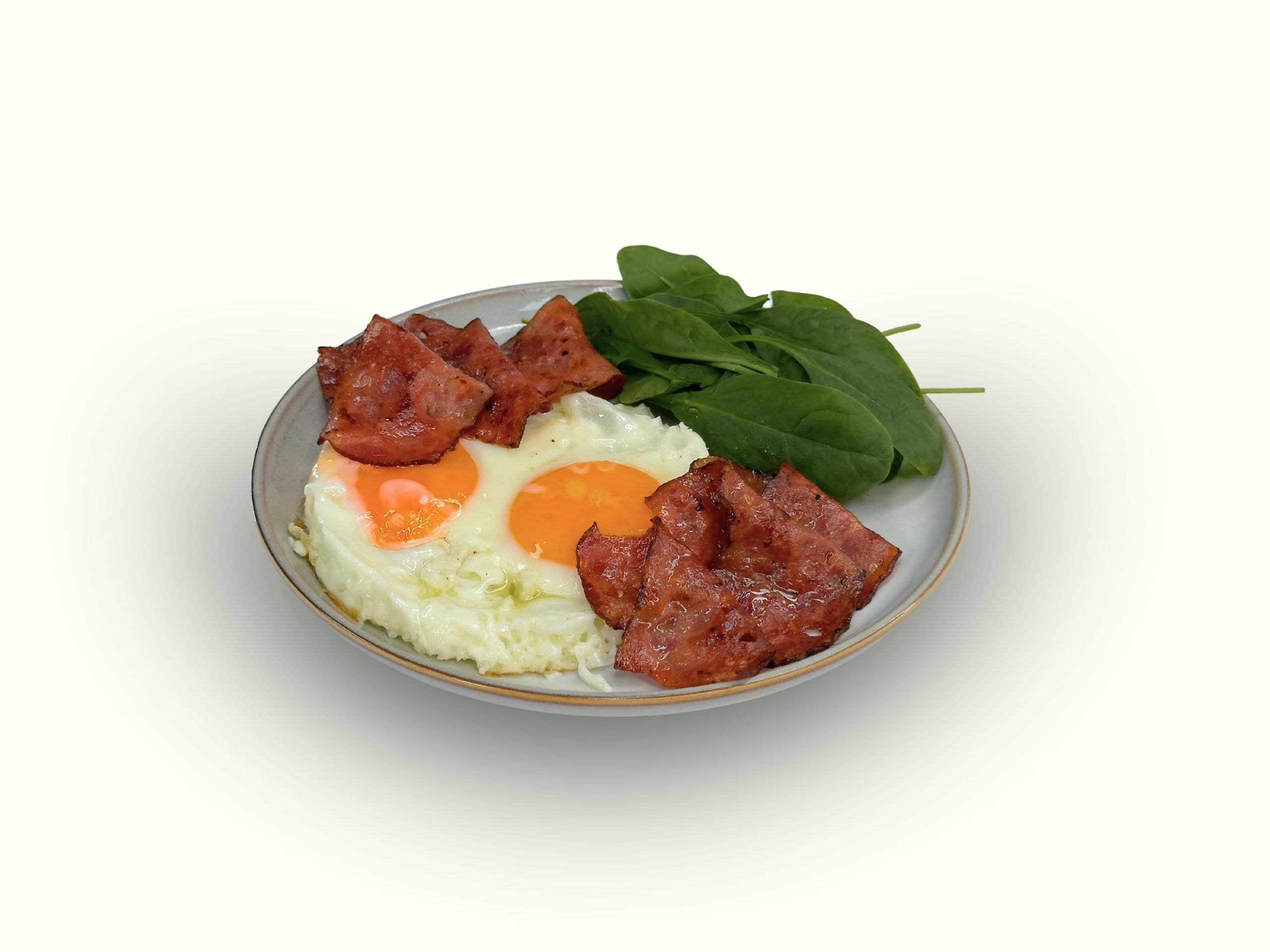 Fried Eggs with Beef Bacon and Spinach