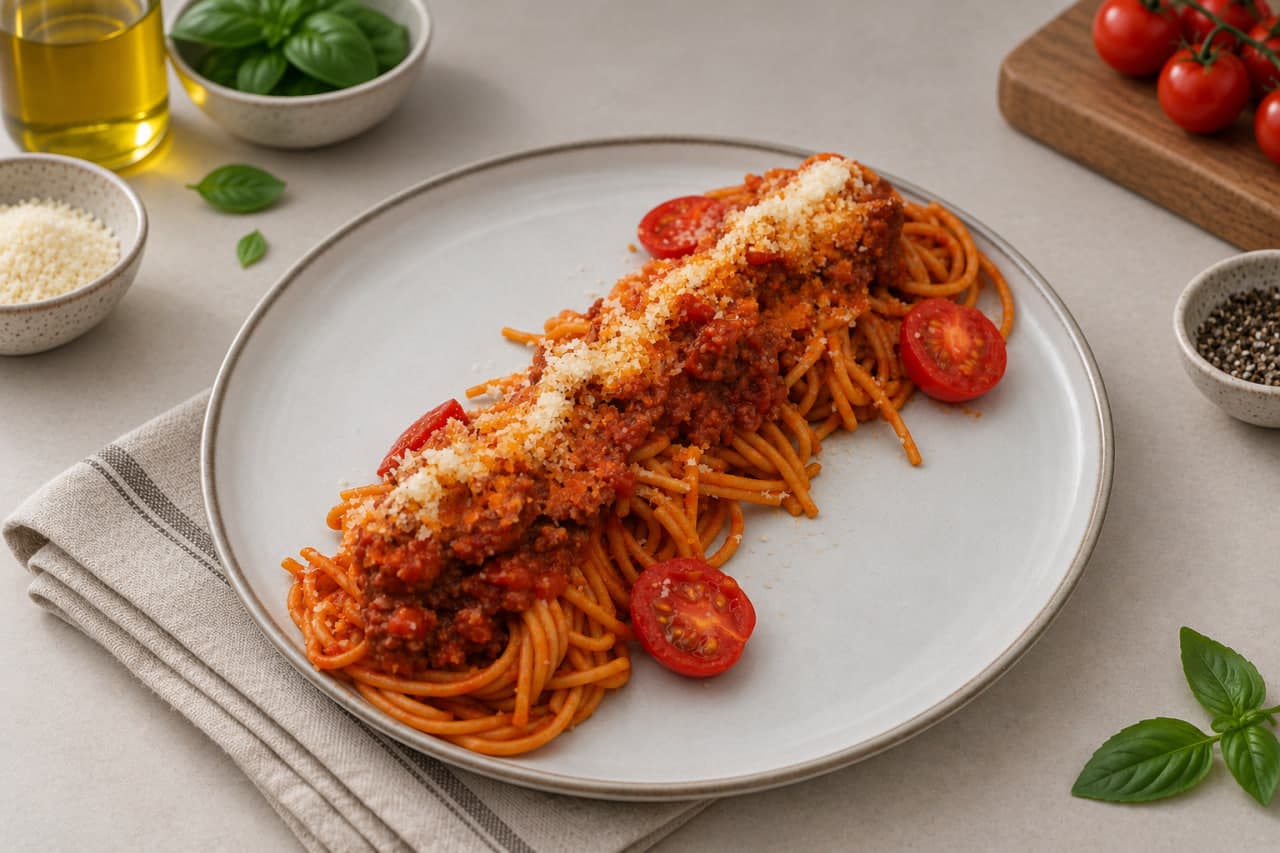 Pasta with tomato sauce and minced meat