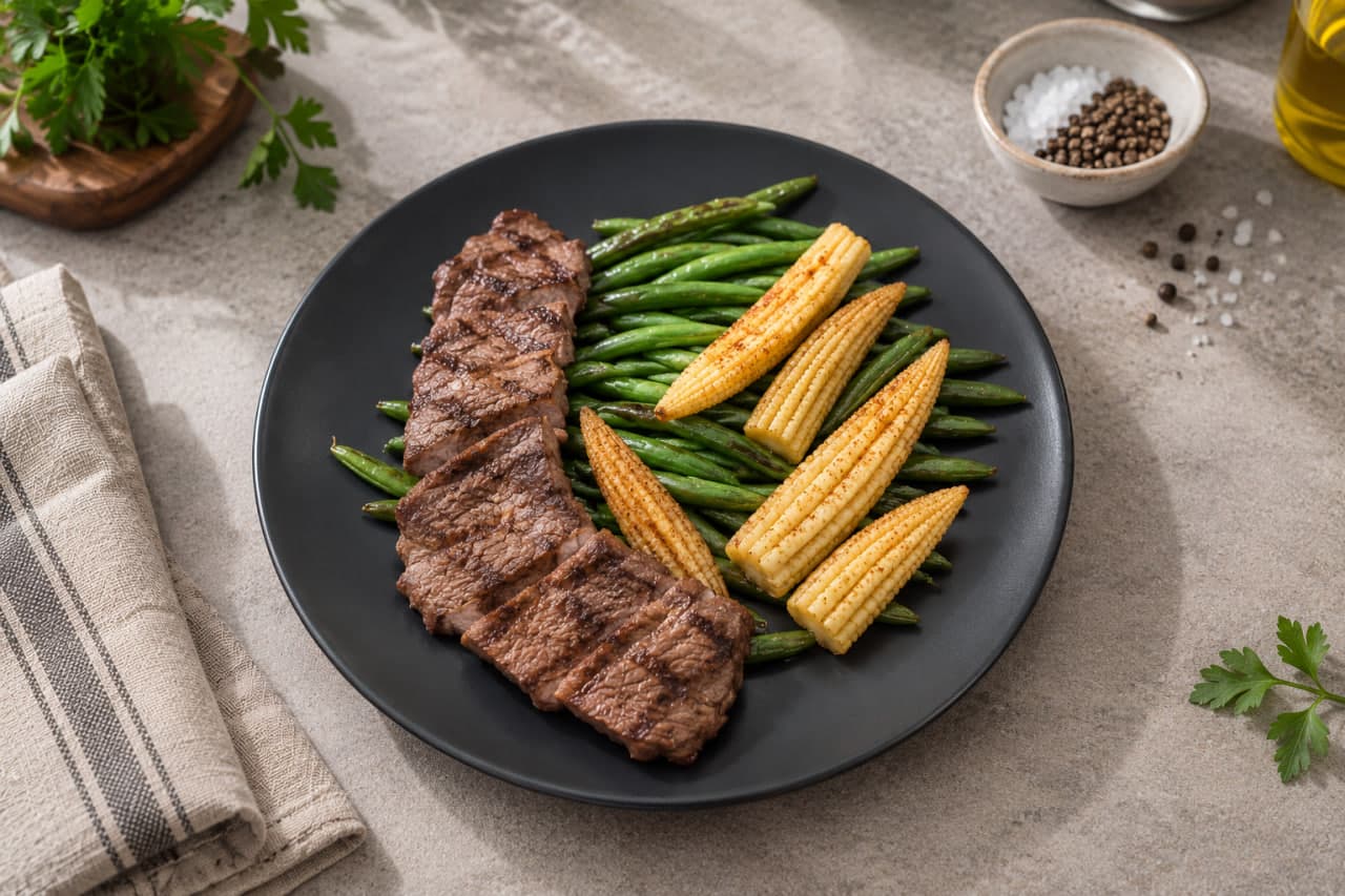 Beef steak with green beans
