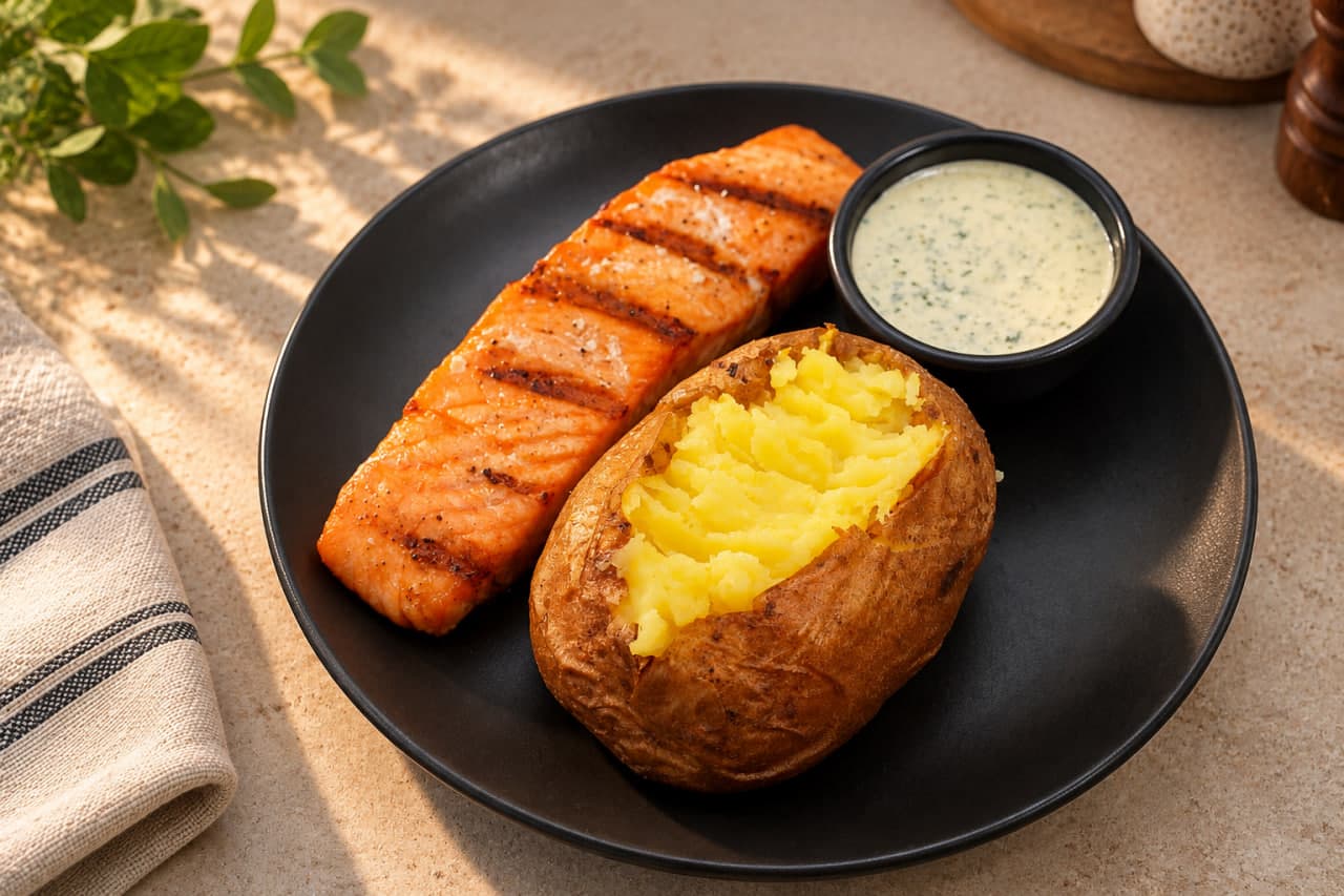 Baked potato with salmon